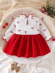 SHEIN Playful Pals Newborn Girls Knitted Ribbed White Ruffle Lace Large Trim Patchwork Waist-Cinched Textured Fabric Dress, Sweet Cute Casual Spring Dress For Kids - Red - View 2