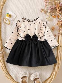 Girls' 2-Piece Style Heart Print Dress Fall Light Pink Ribbed Fabric With All-Over Little Black Hearts Ruffle Collar And Flutter Sleeves With Black Tr - Apricot - View 3