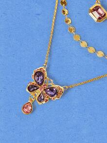 Popjeli Pink And Purple Butterfly Rhinestone Multi-Layer Stacked Necklace Gold Disc Chain Retro Collarbone Chain - Butterfly - View 4
