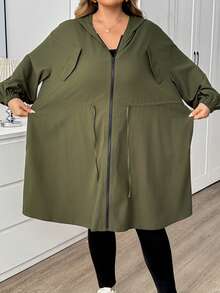 SHEIN CURVE+ 大尺碼純色連帽拉鍊休閒長袖夾克，2026 秋冬 22W - 綠色 - 查看 10