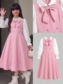 SHEIN Tween Girl Back To School Outfit Fitted Pink & White Patchwork Long Sleeve 3D Bow Decor Collared Open Front Dress Vintage Preppy Exquisite Pink 3D Bow Large Bow Decor Collared Shirt Dress Casual Preppy Tween Girl - Pink - View 6