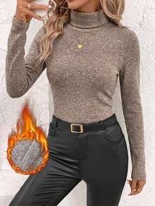 SHEIN Clasi 女款立領抓皺腰部保暖發熱T恤 - 卡其色 - 查看 2