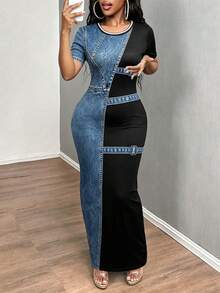 INAWLY Solva New Women's Plus Size Bestselling Denim Effect Fitted Bodycon Casual Dress Fall - Multicolor - View 4
