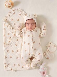 SHEIN Vintaside Kids 3件組新生兒棕色與白色波點棉質穆斯林熊圖案長袖連身衣、帽子與手套套裝，居家穿著，秋冬冬季，柔軟舒適 - 杏色 - 查看 2