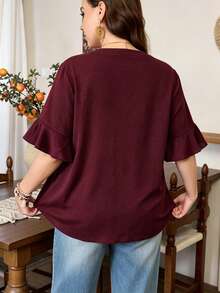 Lacomfia Burgundy Ruffle Short Sleeve Wooden Button Decor Fitted Loose Minimalist Elegant Casual Plus Size Shirt Teachers' Day Office Party Summer - Burgundy - View 2