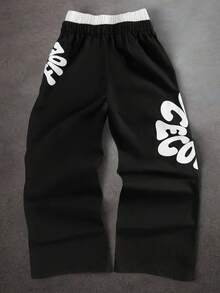 SHEIN بنطلون واسع الساق بخصر مطاطي وطبعة حروف للأولاد المراهقين - الأسود - مشاهدة 4