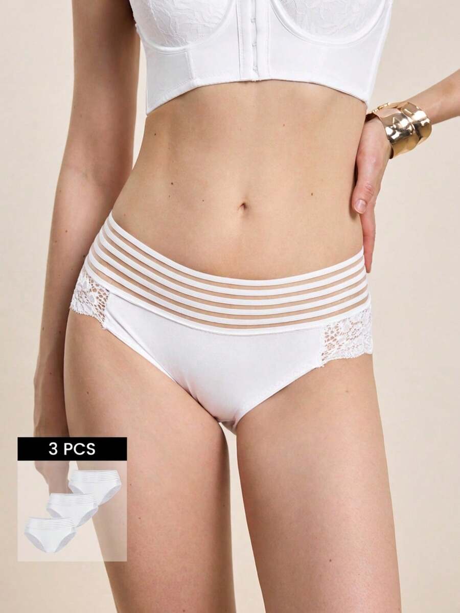 Hourtrue 3pcs/Pack Women's Sexy Lace Panties, Comfortable Daily Loungewear - White - View 1