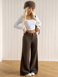 SHEIN EZwear 女款純色休閒百搭日常運動長褲 辦公通勤 深棕色 秋季 - 摩卡棕 - 查看 5