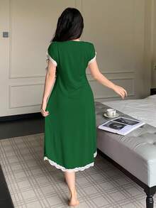 SHEIN 女款深V領蝴蝶結睡裙 - 墨綠色 - 查看 2