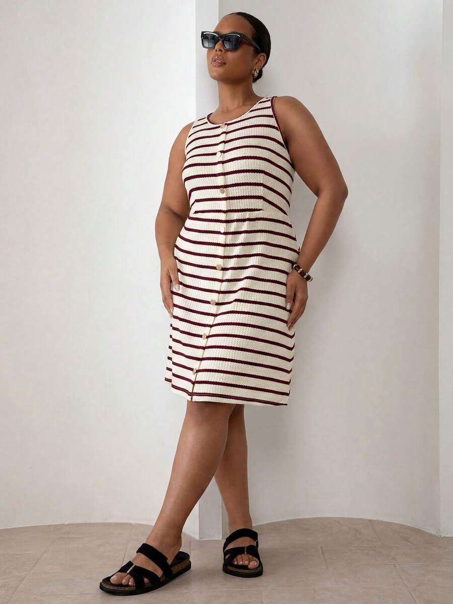 ELLERISSA Plus Size Beige & Red Stripe Round Neck Sleeveless Front Button Waffle Knit Mini Dress - Red - View 1