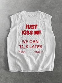 ROMWE MEN Street Life Men's Slogan Graphic Crew Neck Casual Versatile Knit Vest - White - View 1