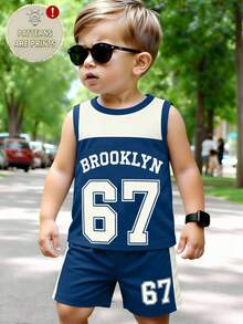 2pcs Baby Boy Casual Sports Set, Logo & Numeral Print Round Neck Tank Top Paired With Numeral Print Shorts, Suitable For Summer Outings - Multicolor - View 4