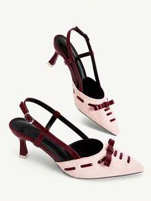 CUCCOO CHICEST New Pink Brown Color Matching Bow Pointed Slingback Sandals Women's High Heel Commuting Versatile Low Vamp Elegant Shoes - Pink - View 4
