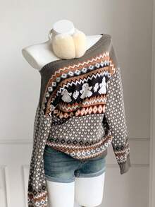 Comfortcana Women's Christmas Ghost Geometric Pattern Knit Top - Multicolor - View 5