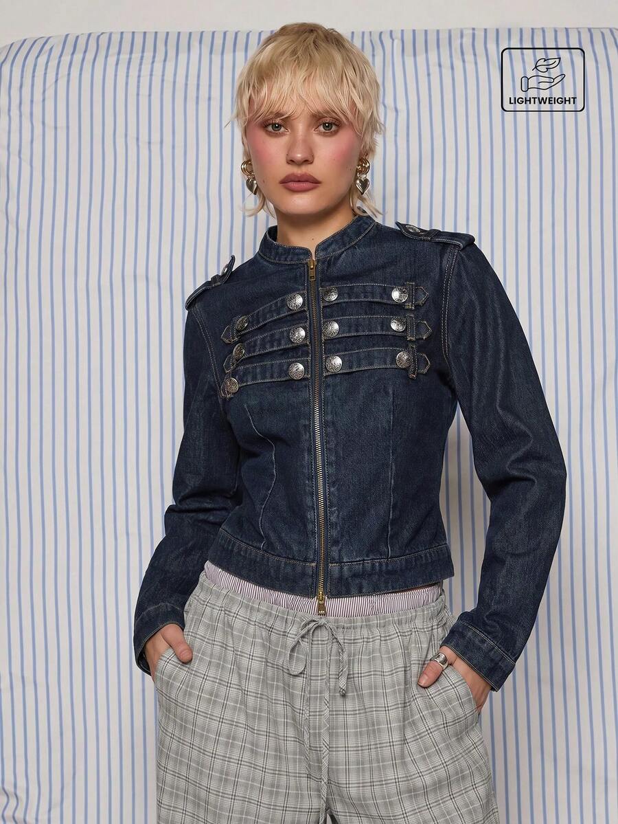 COUREZ Fitted Denim Drummer Jacket / Y2K Fitted Denim Jacket Fall Winter Lightweight Denim Button Zip Front NYE Occasion - Dark Wash - View 1