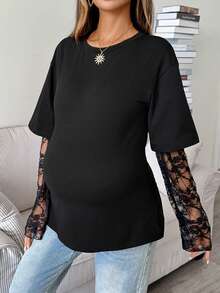 SHEIN Kaos Hamil Motif Renda Patchwork 2 in 1 untuk Musim Gugur - Hitam - View 4