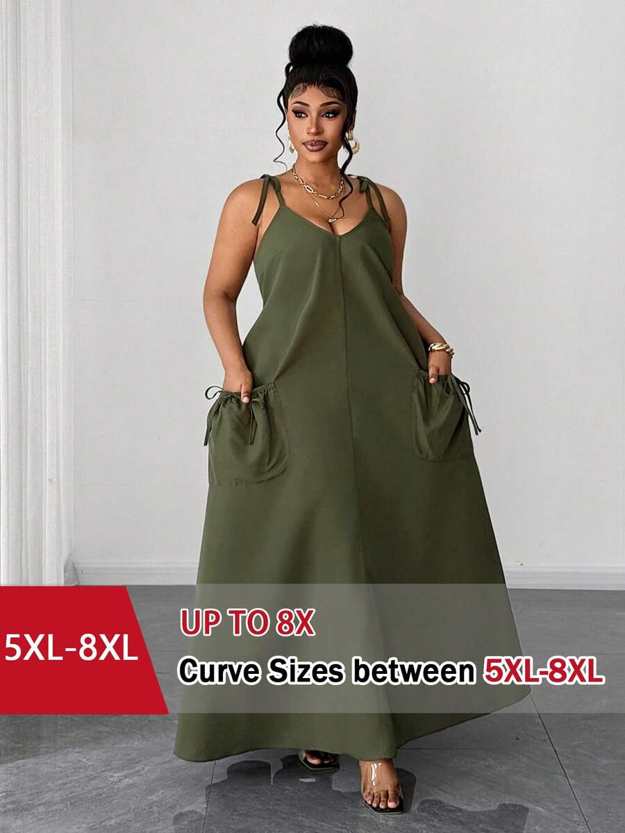 SHEIN CURVE+ Plus Size Spaghetti Strap Casual Lace-Up Solid Color Retro Elegant Dress - Army Green - View 1
