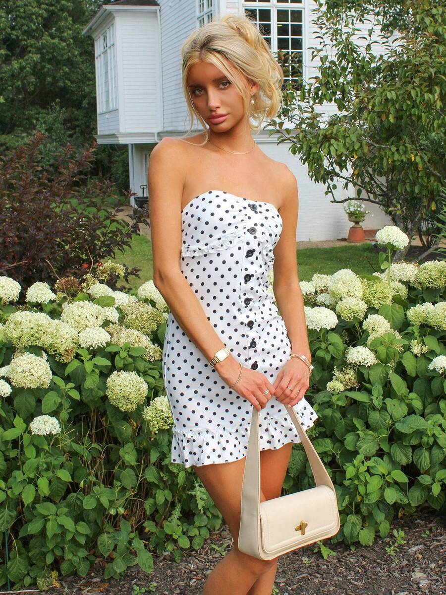 Sydney Algeri White With Black Polka Dots With Print Bustier Dress With Front Button Decor, Ruffle Hem Splice Fitted Mini Dress For Women Vacation Summer Elegant - Black and White - View 1