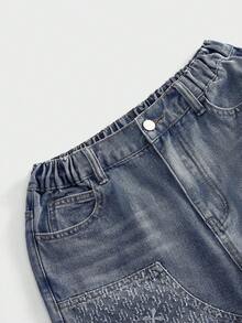 ROMWE MEN Street Life Teen Boy Casual Denim Shorts With Pocket Embroidery Design - Blue - View 3
