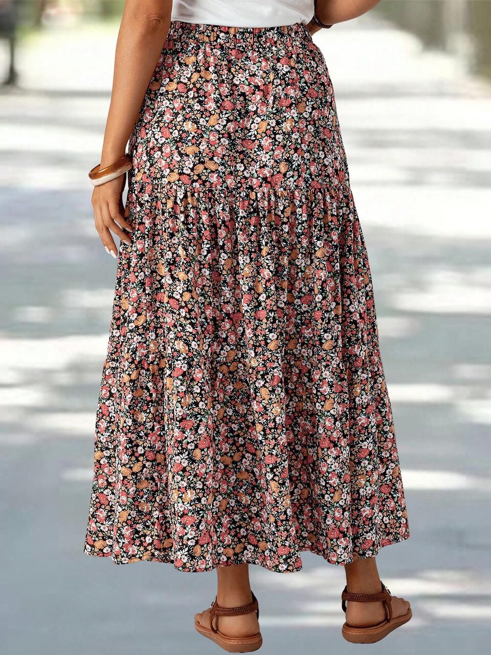 Women's Patchwork Floral Print Long Midi Skirt Summer Picnic Vacation Black Casual