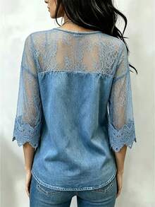 SHEIN Atasan Wanita Minimalis Elegan Warna Polos dengan Kontras Renda, Warna Biru Floral, Cocok untuk Brunch dan Musim Panas. - Biru - View 2