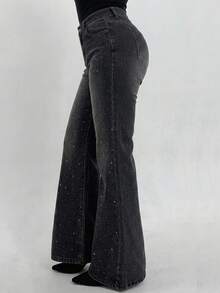 Dazy Plus Vintage Washed Distressed Stretch Fitted Long Flare Leg Jeans, All Season, Elegant Black Versatile Fall - Black - View 6