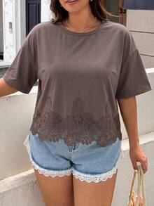 GalTyme Plus Size Women's Solid Color Contrast Lace Short Sleeve Round Neck Versatile Fashion T-Shirt Holiday Brown Summer Casual - Brown - View 1