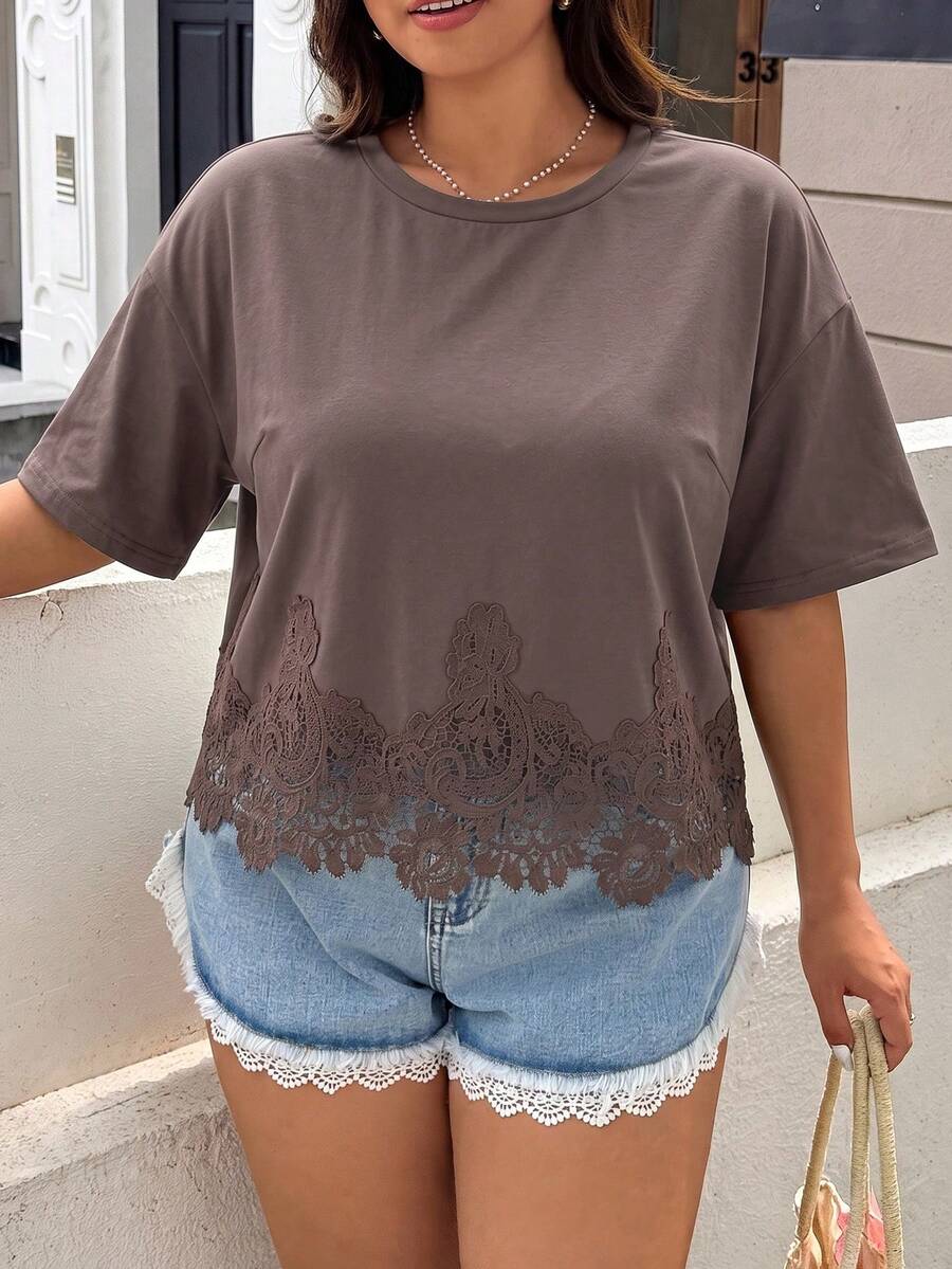 GalTyme Plus Size Women's Solid Color Contrast Lace Short Sleeve Round Neck Versatile Fashion T-Shirt Holiday Brown Summer Casual - Brown - View 1