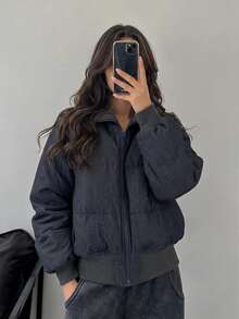 DAZY Women's Solid Color Long Sleeve Korean Style Cotton Padded Coat With Turn-Down Collar - Blue - View 5