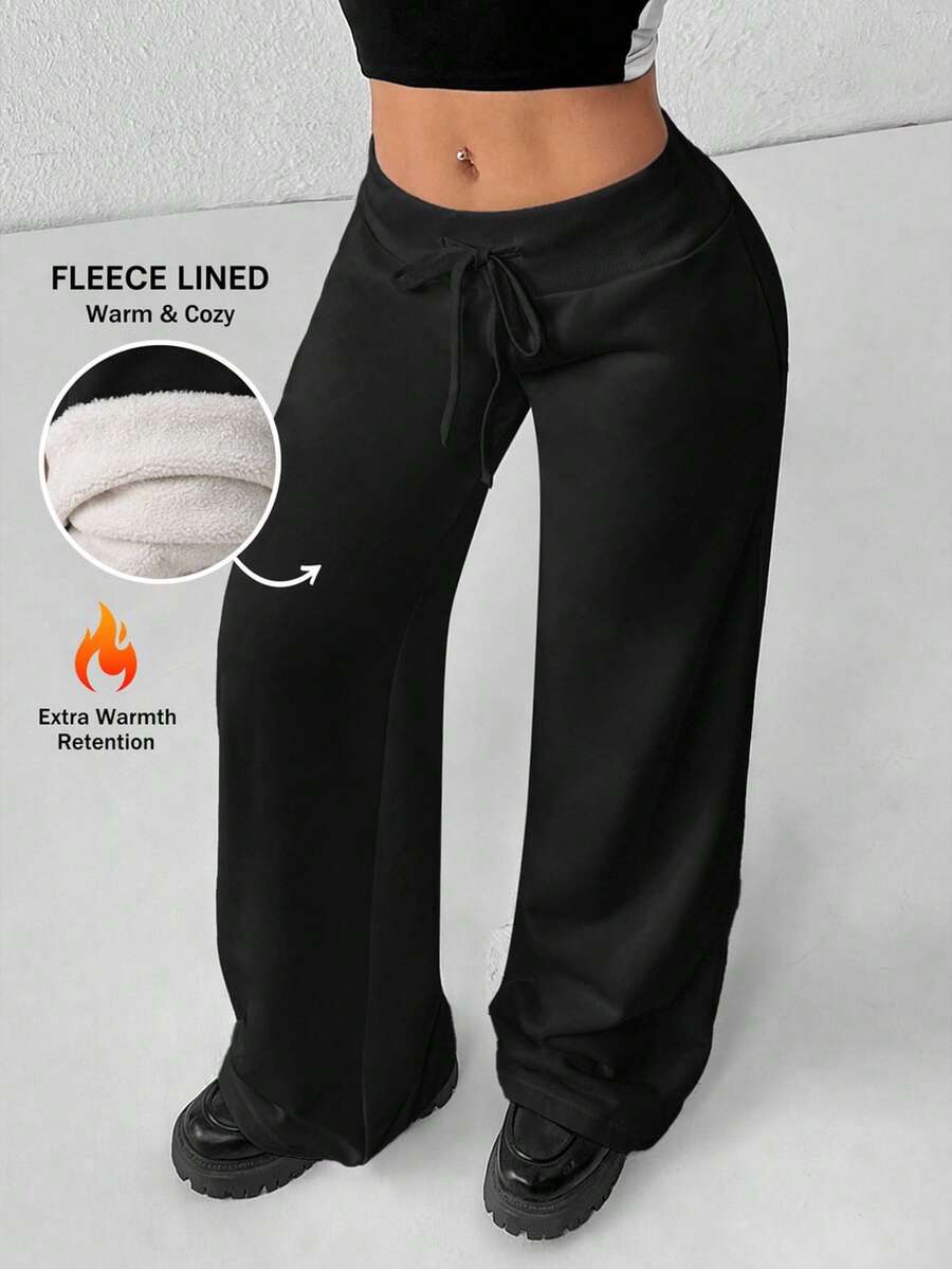 SHEIN PETITE 秋冬休閒百搭純色保暖內裡長褲 - 黑色 - 查看 1