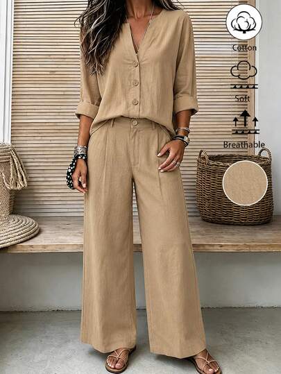 Balvessa Women's Loose Casual Long Sleeve Shirt + Matching Wide Leg Pants 2 Pieces Set
