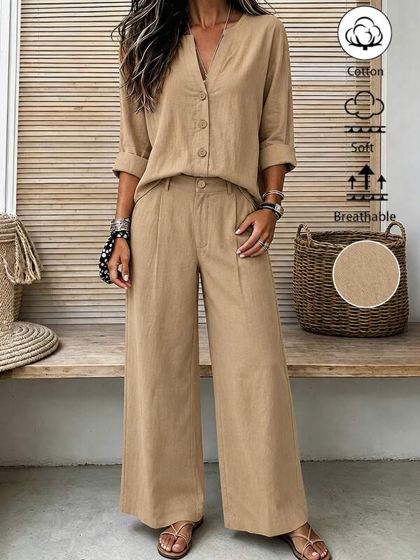Balvessa Women's Loose Casual Long Sleeve Shirt + Matching Wide Leg Pants 2 Pieces Set