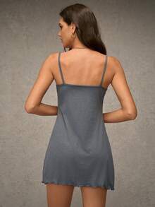 Esseday Women's Spaghetti Strap Sleeveless Contrast Lace Slit Camisole Nightgown - Dark Grey - View 2