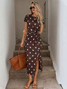 SHEIN LUNE Plus Size Polka Dot Print Twist Front Split Dress - Multicolor - View 6