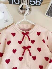 SHEIN Young Girls Cardigans Knit Autumn/Winter Heart Pattern Fitted Round Neck Sweater Jacket - Khaki - View 7
