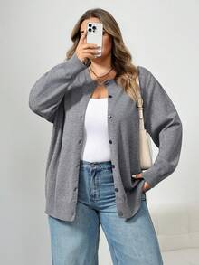 SHEIN CURVE+ 素色休閒寬鬆柔軟優雅版型長袖大尺碼針織開襟衫，秋季辦公正式居家約會商務灰色冬季款 - 深灰色 - 查看 7