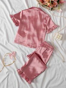 SHEIN 女童休閒日常舒適印花翻領居家服套裝，緞面布料 - 粉色 - 查看 2