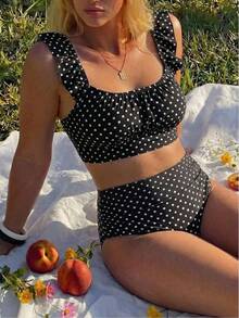 Swim Mod Plus Size Summer Vacation Beach Polka Dot Print Ruffle Trim Bikini Set - Black and White - View 1