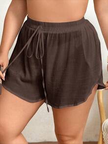 SHEIN Swim Curve Plus Size Solid Color Wrap Tie Knot Short Sheer Shorts Coverup - Brown - View 4