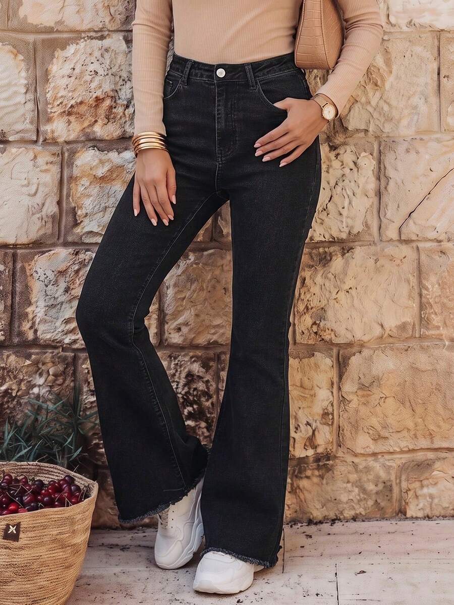 EMERY ROSE Women's Solid Color Front Button Pocket Casual Flare Leg Pants, Daily Wear Winter Black - Black - View 1