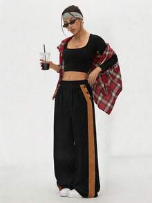 SHEIN LUNE European American Style Elastic Waist Color Block Straight Wide Leg Women's Long Pants Slimming Commute Casual Autumn Winter Active Black Polkadot - Multicolor - View 3