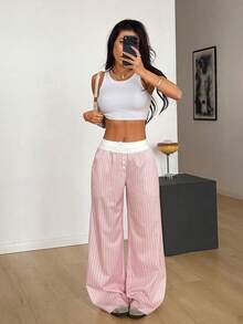 Flirla Women's Striped Patchwork Contrast Color Pants - Dusty Pink - View 4