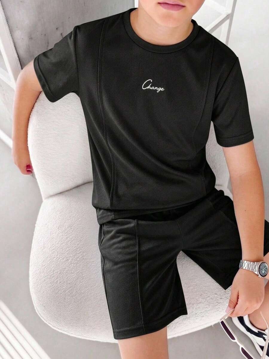 SHEIN 2pcs/Set Kids Tween Boy Casual Letter Print Pattern Round Neck Short Sleeve Top And Shorts Outfit - Black - View 1