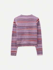 Nöista Purple Striped Knit Cardigan Features Fitted,Cropped Cut, Soft,Youthful,Sweet. Versatile Practical Wardrobe Staple Fall Winter,. - Purple - View 7