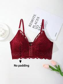 SHEIN 浪漫、优雅、性感蕾丝前扣文胸 - 酒紅色 - 查看 6
