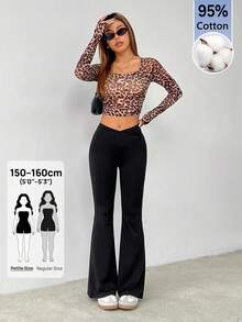 SHEIN PETITE 簡約純色包腰高腰喇叭褲 - 黑色 - 查看 4