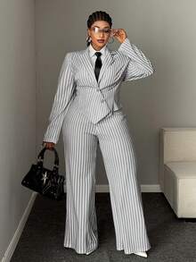 Mawevolt Plus Size Striped Vintage Casual Commute Interview Waist-Cinching Long Sleeve Blazer High Waist Wide Leg Pants Suit Set - Light Grey - View 4