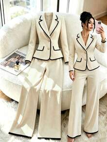 GlowEve Setelan Jas Wanita 2 Potong dengan Kancing Mutiara Imitasi Warna Hitam Putih Kontras dan Celana Panjang Bertekstur, Cocok untuk Kantor, Semi Formal, Kasual Musim Panas, dan Elegan. - Aprikot - View 1