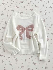 SHEIN ICON Suéter de punto para mujer de otoño/invierno, estilo lazy fashion minimalista, versátil y dulce, con lazo y hombro asimétrico - Blanco - Ver 5