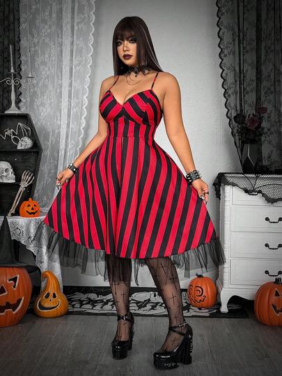 Whyspr Halloween Grunge Punk Plus Size Women V-Neck Spaghetti Strap Vintage Red & Black Striped Slip Dress, Suitable For Halloween Party,
